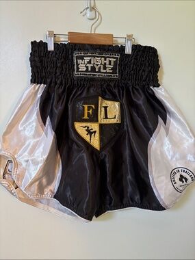 Women’s Infight Style Black & White Muay Thai Shorts with Gold Crest (L)